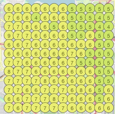 Google local grid rank map for Safari Pool Service before the work, sitting around position six and seven across the area