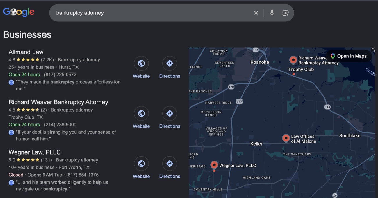 Google search for bankruptcy attorney listing Richard Weaver Bankruptcy Attorney among the top local firms